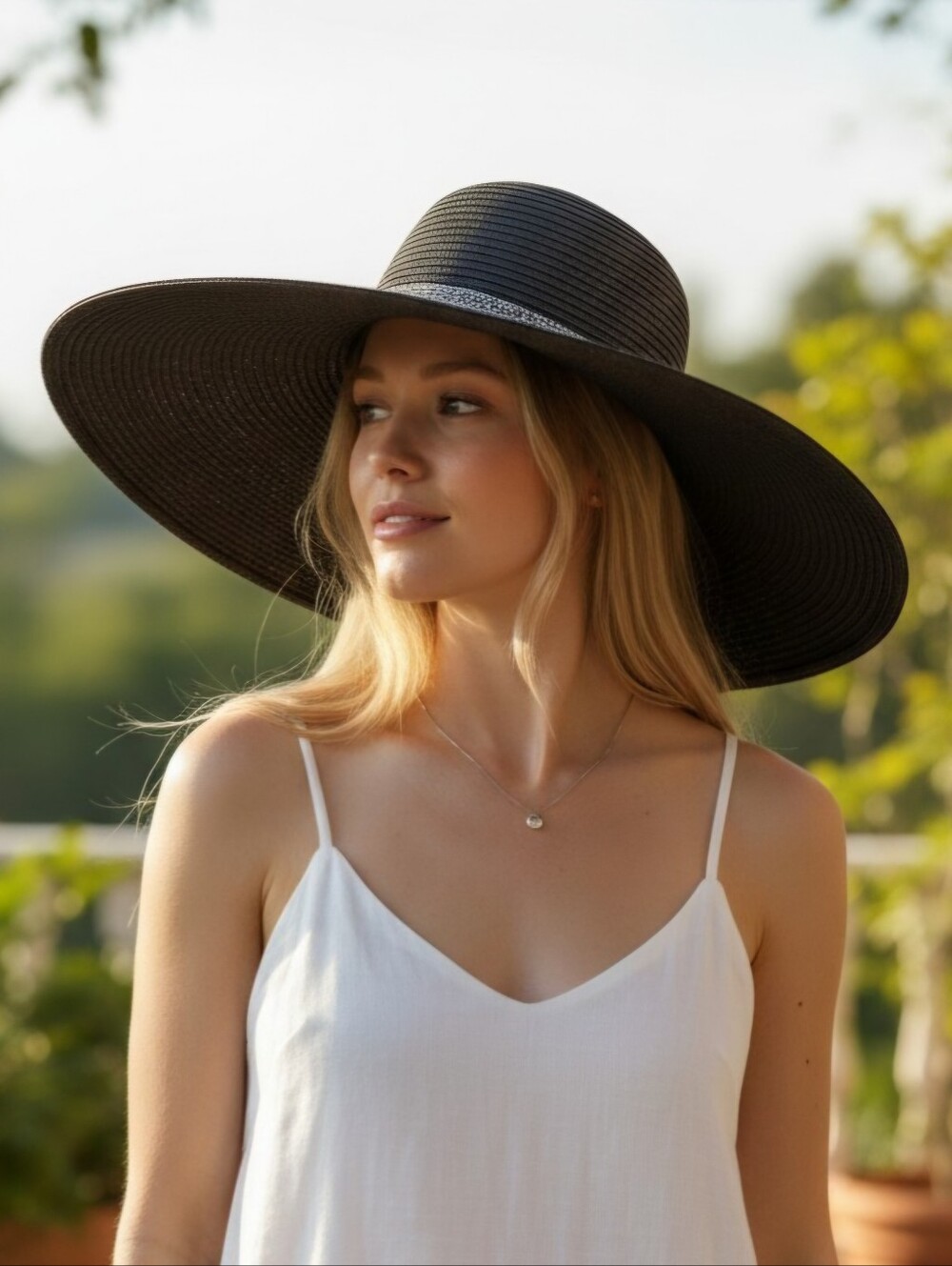 Wide-Brim Hat with Crystal Accent Band
